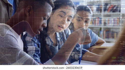 Stock market data processing against group of students studying together at library. back to school and education concept