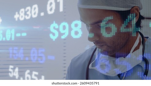 Stock market data processing against male surgeon reading medical reports. global finance and medical science concept