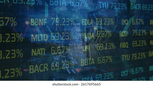 Stock market data processing against male and female engineering walking in server room. business and economy concept