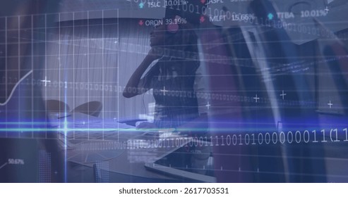 Stock market data processing against african american woman listening to music. computer interface and technology concept