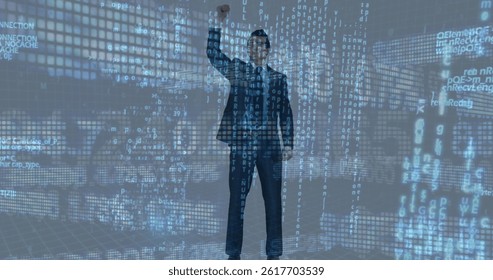 Stock market data processing against caucasian businessman protesting against grey background. business data and analytics technology concept