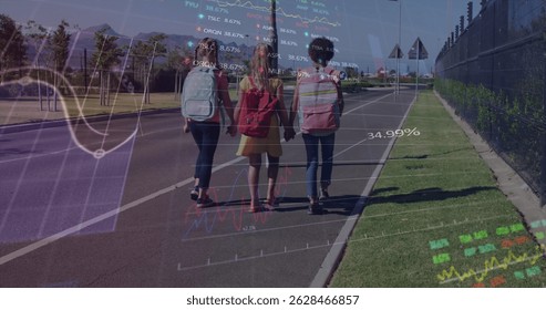 Stock market data processing against three diverse school girls holding hands walking on the street. School, education and global economy concept