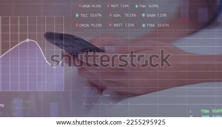 Stock market data processing against mid section of a woman using smartphone in the bed. Global finance and business technology concept