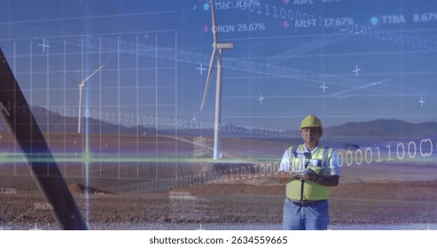 Stock market data processing and binary coding over male engineer flying drone near wind turbines. Global economy and renewable energy technology concept