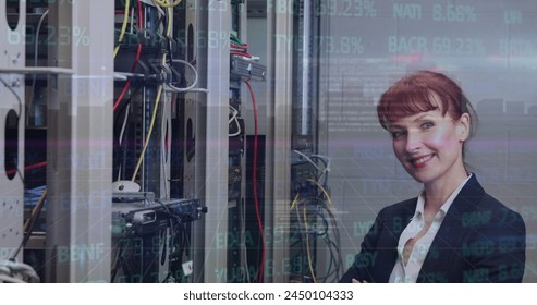 Stock market data processing over portrait of caucasian female engineer smiling at server room. Global finance and business data storage technology concept - Powered by Shutterstock