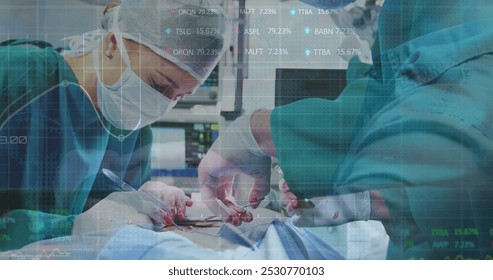 Stock market data processing over male and female surgeons performing operation at hospital. Medical healthcare and technology concept - Powered by Shutterstock