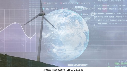 Stock market data processing over globe against windmills on grasslands. global economy and renewable energy concept