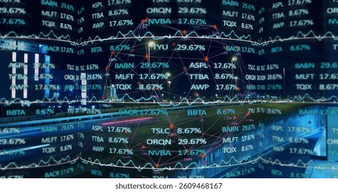 Stock market data processing over spinning globe against view of night city traffic. global finance and economy concept