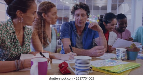 Stock market data processing over group of diverse office colleagues discussing together at office. business technology concept