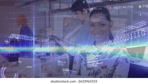 Stock market data processing over african american female engineer smiling at office. Global finance and architectural engineering technology concept