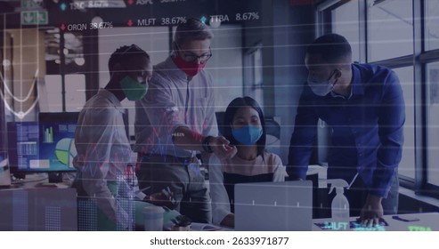 Stock market data processing over diverse office colleagues wearing face masks discussing at office. Business data and analytics concept