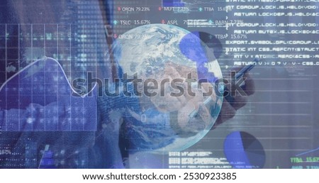 Stock market data processing over spinning globe against mid section of man using smartphone. global networking and business technology concept