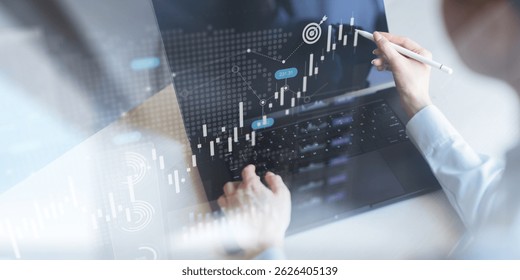 Stock Market Data Visualization and Financial Trading Analytics Dashboard on Touchscreen Tablet.