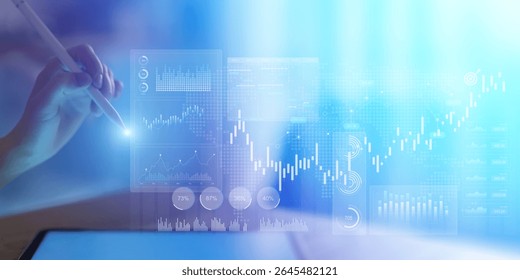 Stock Market Data Visualization and Financial Trading Analytics Dashboard on Touchscreen Tablet.