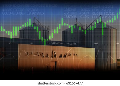 Stock Market Data With Warehouse Silo As Background, Analyzing Production, Sales Or Price In Agriculture