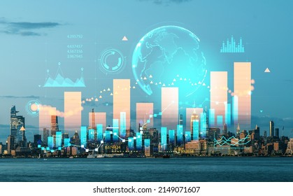 Stock market diagrams, hologram with earth globe and lines, bar chart with numbers. Panoramic cityscape at night, New York skyscrapers. Concept of forex and trading.
