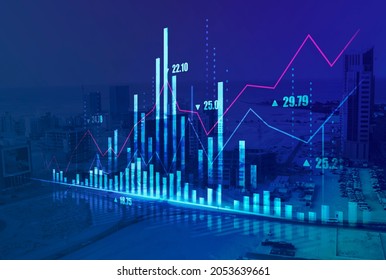 Stock market digital graph chart on LED display concept. A large display of daily stock market price and quotation. Indicator financial with buildings background - Shutterstock ID 2053639661