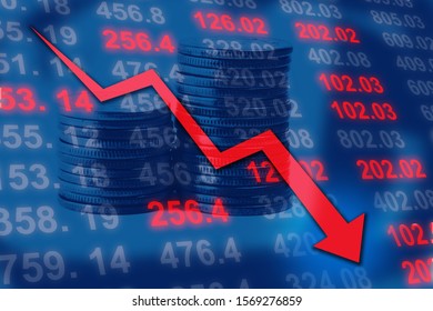 Stock Market Down. Red Arrow Down And Figures In Red 