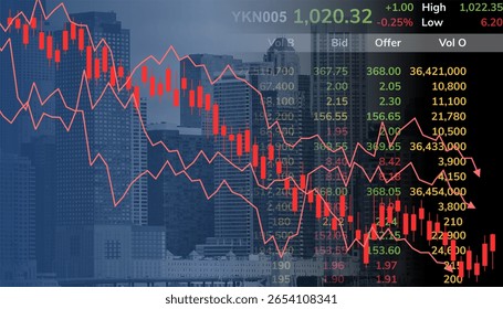 Stock market downturn with red candlestick chart, declining line graphs, and trading data screen. Ideal for illustrating financial loss, recession, risk, and economic decline in business visuals.