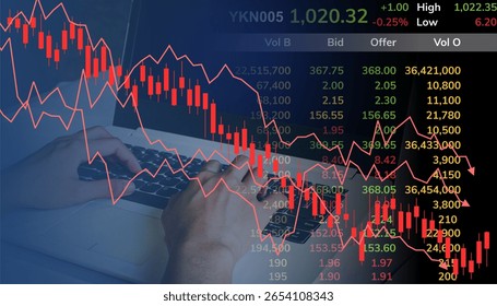 Stock market downturn with red candlestick chart, declining line graphs, and trading data screen. Ideal for illustrating financial loss, recession, risk, and economic decline in business visuals.