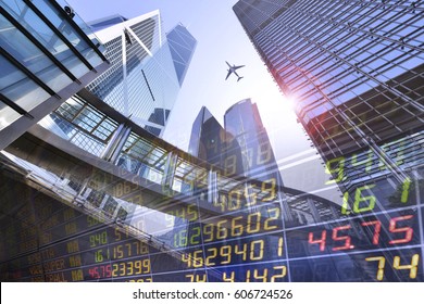 Stock Market Exchange on a skyscraper in Hong Kong background.