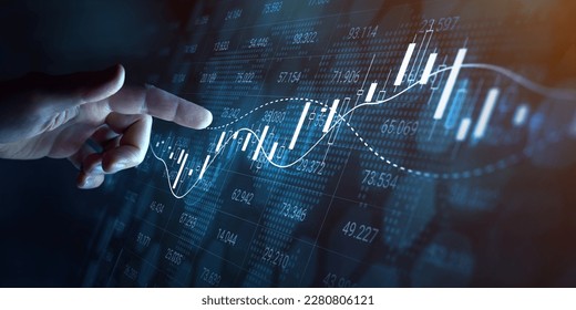 Stock market financial investment and trading graph interface showing ticker price evolution with candlestick chart and moving average curves. Increasing profit. Forex. Person touching virtual screen.