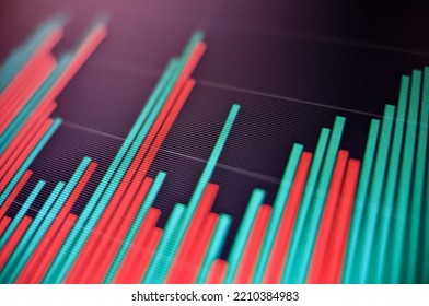 Stock market financial price chart with red and green graph displayed on a pixelated monitor with a dark background