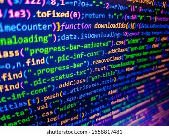 Stock market graph analysis. Programming software code on computer screen which develop by the programmer to solve the business requirement. Javascript language coding is on the screen.