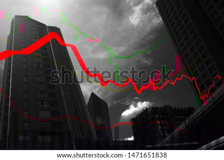 Stock market graph in bearish market in modern skyscraper with clouds sky,trade war and bearish market concept, poor financial concept