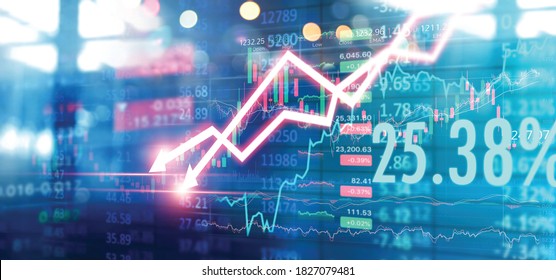 Stock Market Graph Chart Falling Down And Crashing. Worldwide Stock Index Decline Due To Economic Crisis And Financial Recession Caused Turbulence In Global Business Investment.