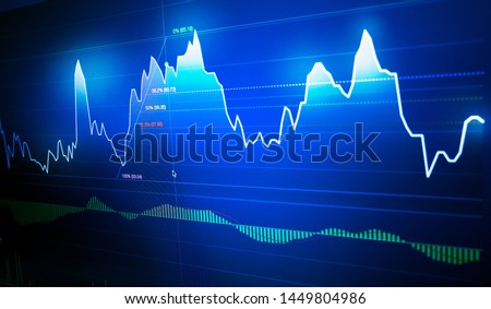 Stock market graph chart with fibonacci indicator on LED Monitor with dark blue background, stock markets graph analysis concept