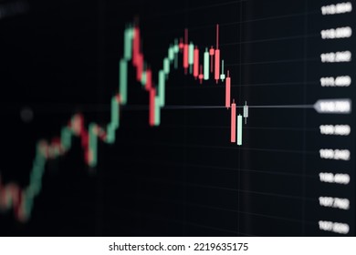 Stock Market Graph Chart On Digital LED Display. Red And Green Candle Stick Graph On Black Background. Selective Focus