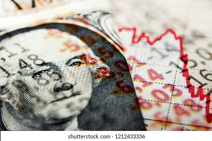 Stock Market Graph and dollar bill. Red trend line indicates the stock market recession - Shutterstock ID 1212433336