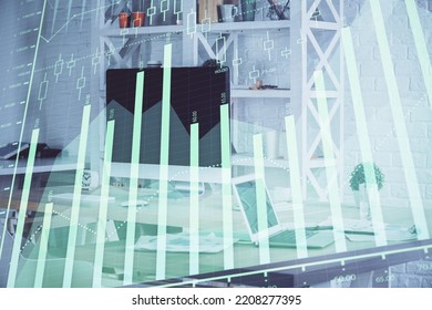 Stock market graph on background with desk and personal computer. Double exposure. Concept of financial analysis. - Shutterstock ID 2208277395