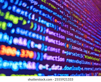 Stock market graph and ticker with blue screen for stock exchange analysis. Assembly programming language code. Programming code on monitor screen. Business graph background. Code on monitor.