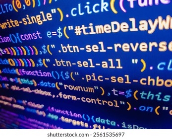 Stock market graph and ticker with blue screen for stock exchange analysis. Developer display with source code. Background with text. Demand for experienced programmers. Source function code.