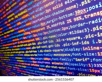Stock market graph and ticker with blue screen for stock exchange analysis. Programming code on computer screen. Web programming with compressed css code. Binary code. Software source code.
