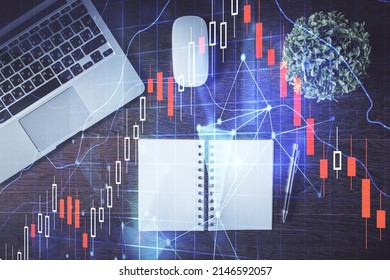 Stock Market Graph And Top View Computer On The Table Background. Double Exposure. Concept Of Financial Education.