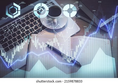 Stock Market Graph And Top View Computer On The Table Background. Multi Exposure. Concept Of Financial Education.