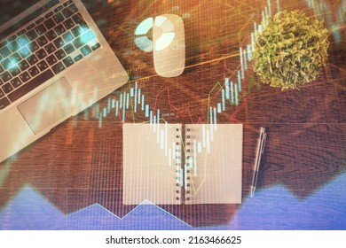 Stock Market Graph And Top View Computer On The Table Background. Double Exposure. Concept Of Financial Education.