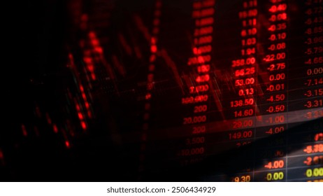 Stock market graph trading analysis investment financial In red, stock exchange financial or forex graph stock market graph chart business crisis crash loss and grow up gain and profits win up trend.
