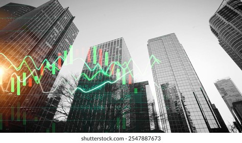 Stock market graph trading analysis investment financial, stock exchange financial or forex graph stock market graph chart business crisis crash . Black and white urban geometry glass building .
