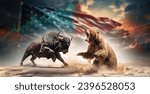 Stock market green red color economy. usa flag background. Trends economic Effect recession on US economy. Stock crash market exchange loss trading. 
Bull and bear fighting concept stock market 
