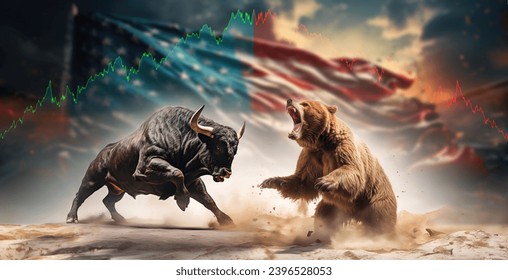 Stock market green red color economy. usa flag background. Trends economic Effect recession on US economy. Stock crash market exchange loss trading. Bull and bear fighting concept stock market 
