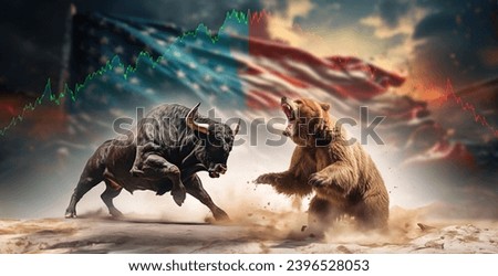 Stock market green red color economy. usa flag background. Trends economic Effect recession on US economy. Stock crash market exchange loss trading. Bull and bear fighting concept stock market 