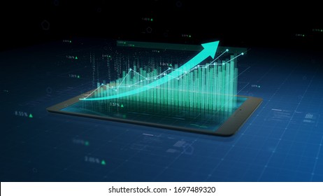 Stock market growth, financial success results monitored on a tablet or phone, numbers and arrows. 3D close up view, 4K 30fps.