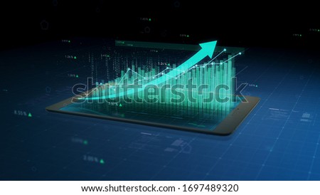 Stock market growth, financial success results monitored on a tablet or phone, numbers and arrows. 3D close up view, 4K 30fps.