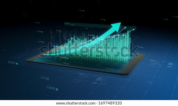 Stock market growth, financial success results\
monitored on a tablet or phone, numbers and arrows. 3D close up\
view, 4K 30fps.