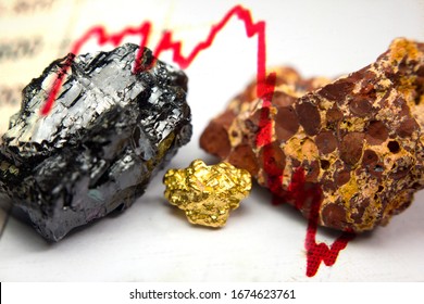 Stock Market Indices And Close-up Of Bauxite (Aluminium Ore), Coal And A Gold Nugget