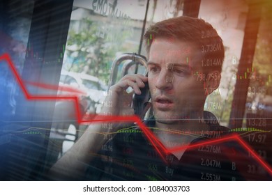 Stock market investment price drop and money lost to bad investment.  Angry shocked man disappointed.  Red dropping line.